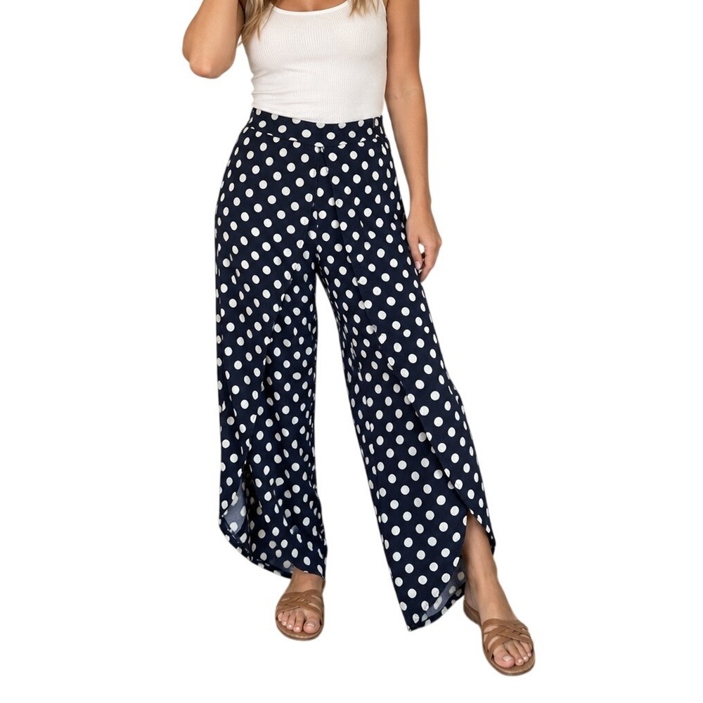 See You Monday Navy White Polka Dot Wrap Wide Leg Pants 70s Retro Pinup Latge